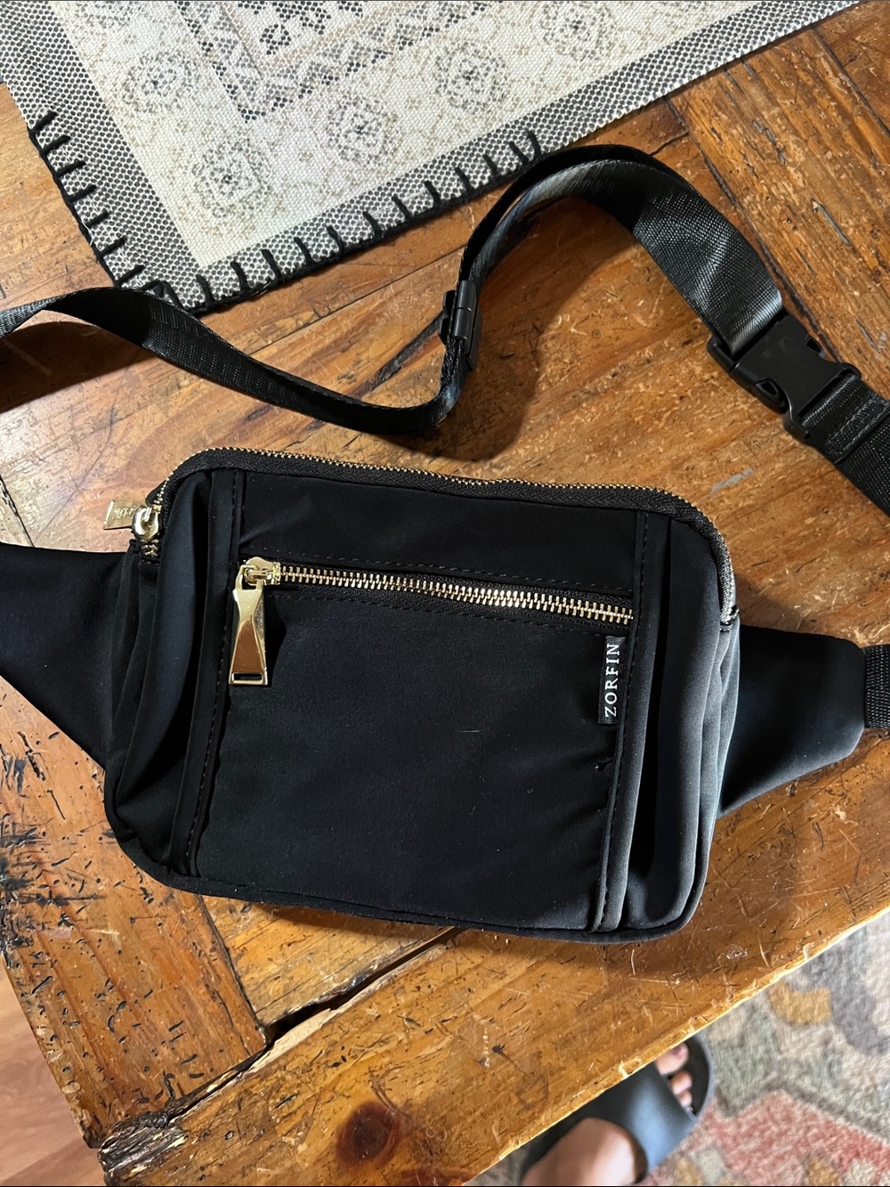 Black Women's Crossbody Waist Bag with Gold Hardware